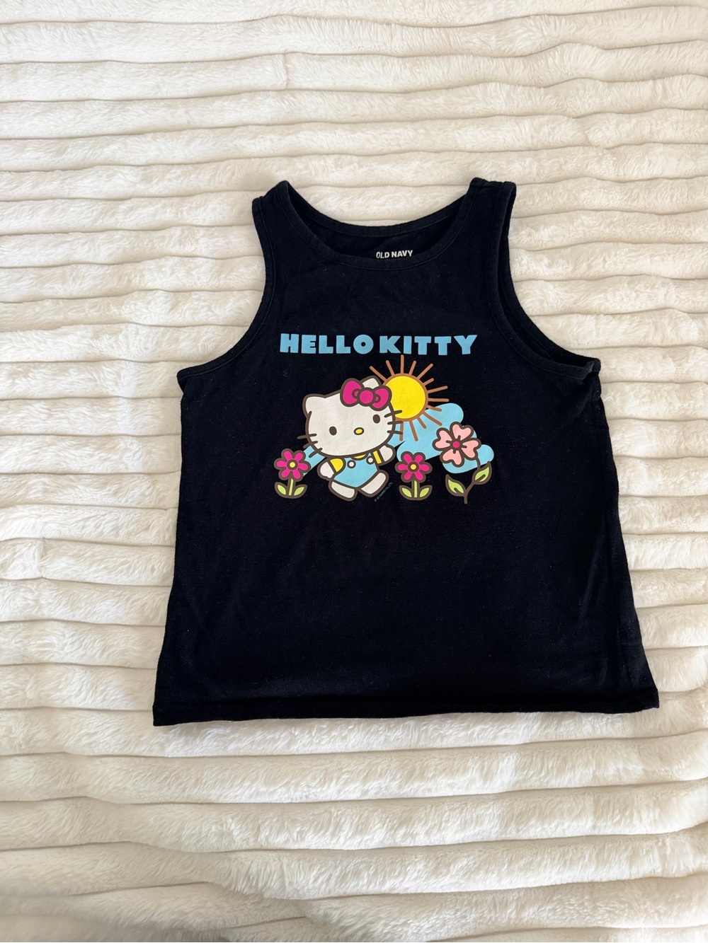 Old Navy Black Hello Kitty Tank Top with Blue Text and Multicolor Graphic